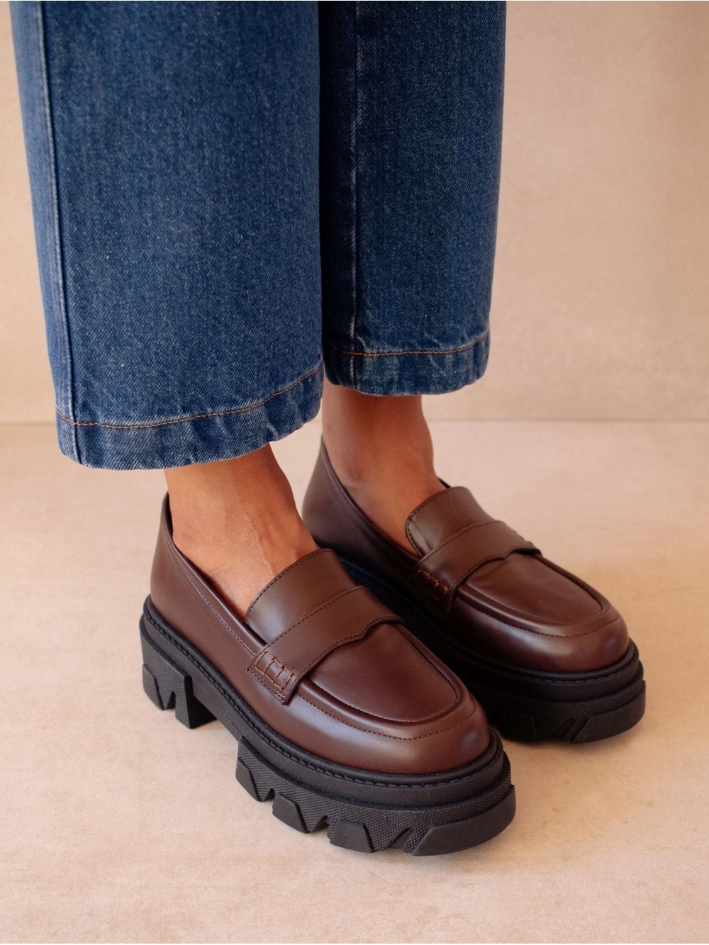 ALOHAS Dark Brown Leather Platform Penny Loafers - Picture 1 of 4